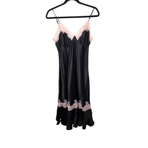 VTG Victoria Secret Black 100% Silk Pink Lace Trim Midi Intimates Sleepwear Size